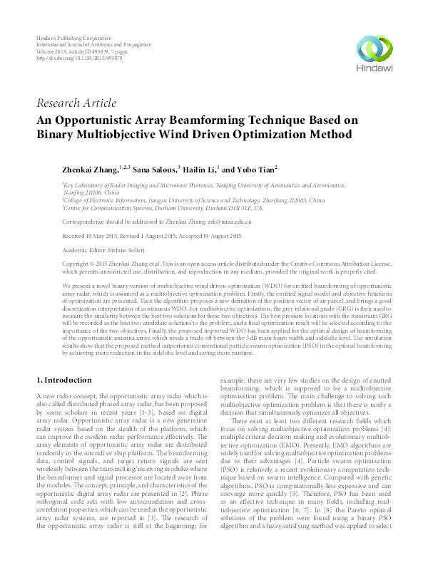 An Opportunistic Array Beamforming Technique Based on Binary Multiobjective Wind Driven Optimization Method Thumbnail