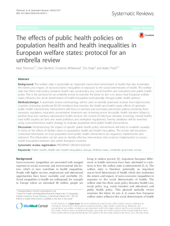 The effects of public health policies on population health and health inequalities in European welfare states: Protocol for an umbrella review Thumbnail