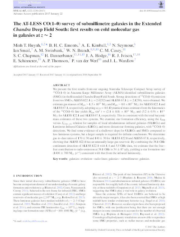 The AT-LESS CO(1–0) survey of submillimetre galaxies in the Extended Chandra Deep Field South: first results on cold molecular gas in galaxies at z ∼ 2 Thumbnail