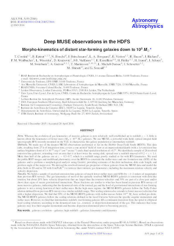 Deep MUSE observations in the HDFS. Morpho-kinematics of distant star-forming galaxies down to 108M⊙ Thumbnail