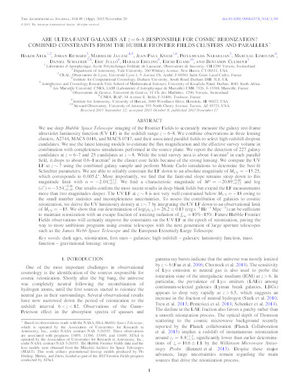 Are ultra-faint galaxies at z = 6–8 responsible for cosmic reionization? Combined constraints from the Hubble Frontier Fields clusters and parallels Thumbnail