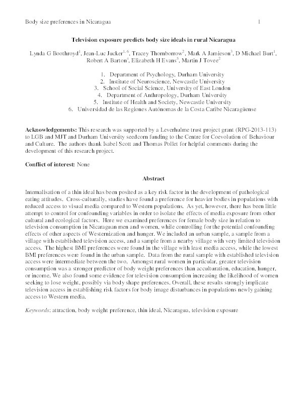 Television exposure predicts body size ideals in rural Nicaragua Thumbnail