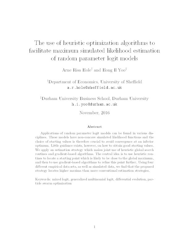 The use of heuristic optimization algorithms to facilitate maximum simulated likelihood estimation of random parameter logit models Thumbnail