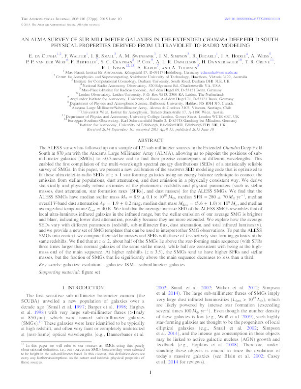 An ALMA Survey of Sub-millimeter Galaxies in the Extended Chandra Deep Field South: Physical Properties Derived from Ultraviolet-to-radio Modeling Thumbnail