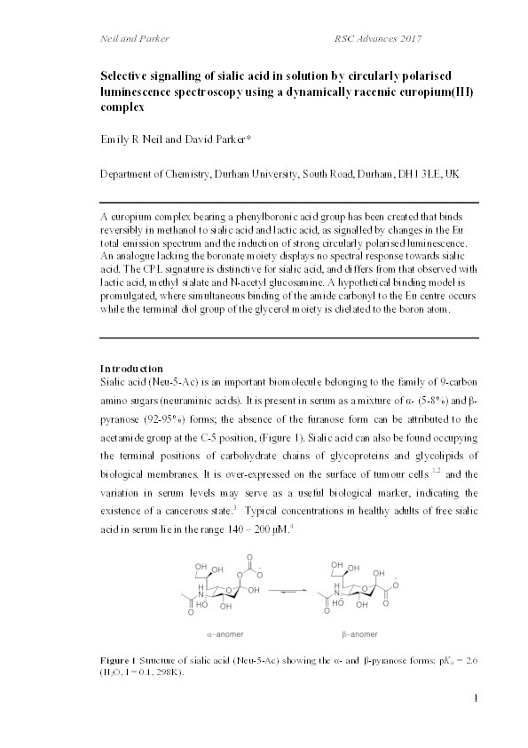 Selective signalling of sialic acid in solution by circularly polarised luminescence spectroscopy using a dynamically racemic europium(III) complex Thumbnail