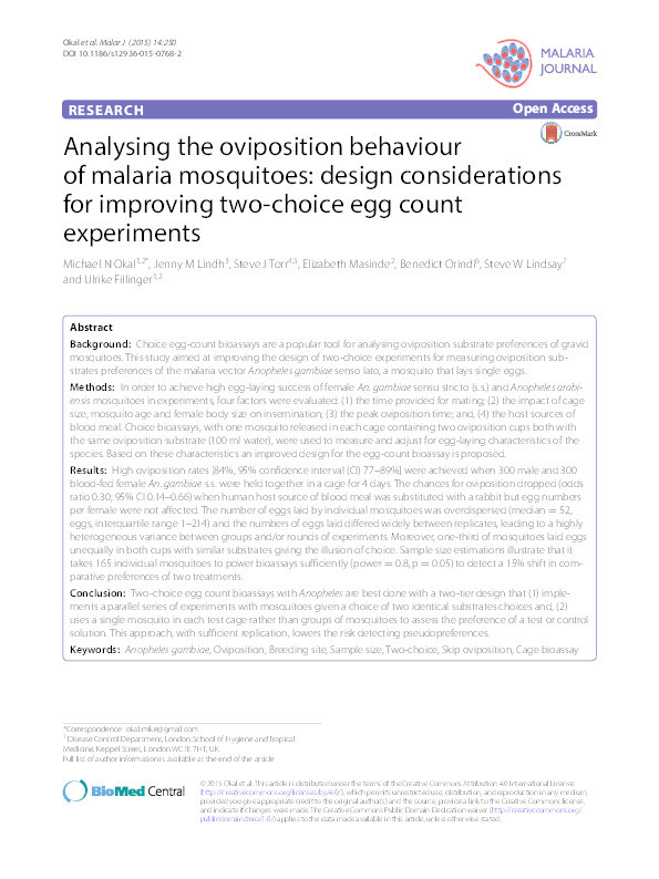 Analysing the oviposition behaviour of malaria mosquitoes: design considerations for improving two-choice egg count experiments Thumbnail