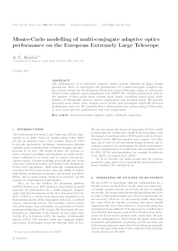 Monte Carlo modelling of multiconjugate adaptive optics performance on the European Extremely Large Telescope Thumbnail