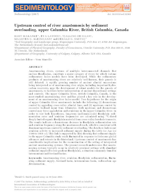 Upstream control of river anastomosis by sediment overloading, upper Columbia River, British Columbia, Canada Thumbnail