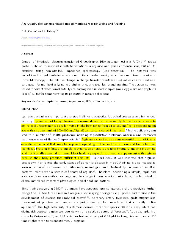 A G-quadruplex aptamer based impedimetric sensor for free lysine and arginine Thumbnail