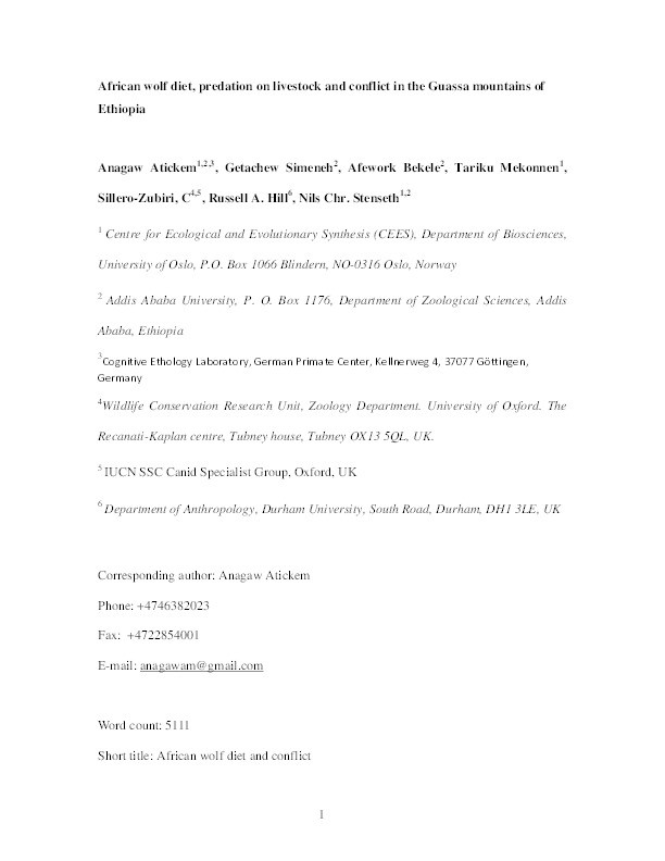 African wolf diet, predation on livestock and conflict in the Guassa Mountains of Ethiopia Thumbnail