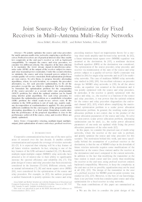 Joint Source-Relay Optimization for Fixed Receivers in Multi-Antenna Multi-Relay Networks Thumbnail