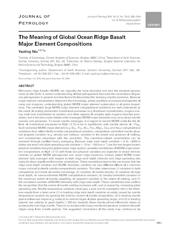 The Meaning of Global Ocean Ridge Basalt Major Element Compositions Thumbnail