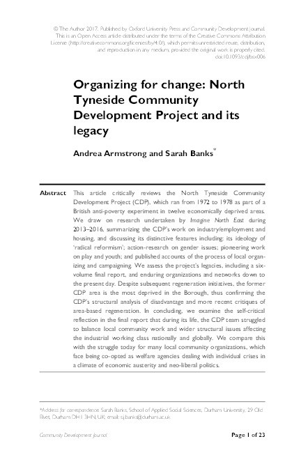 Organizing for change: North Tyneside Community Development Project and its legacy Thumbnail