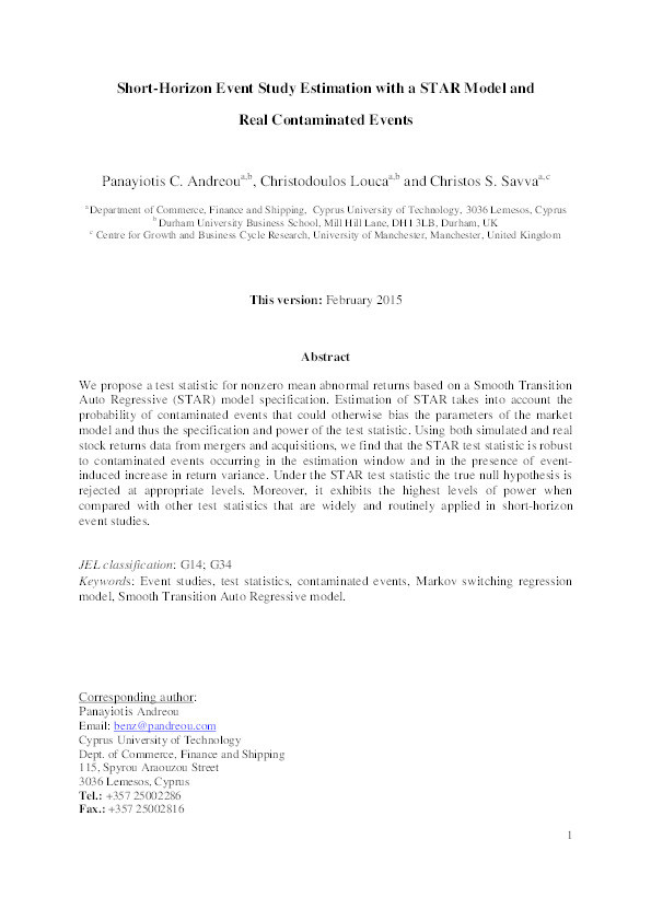 Short‐Horizon Event Study Estimation with a STAR Model and Real Contaminated Events Thumbnail