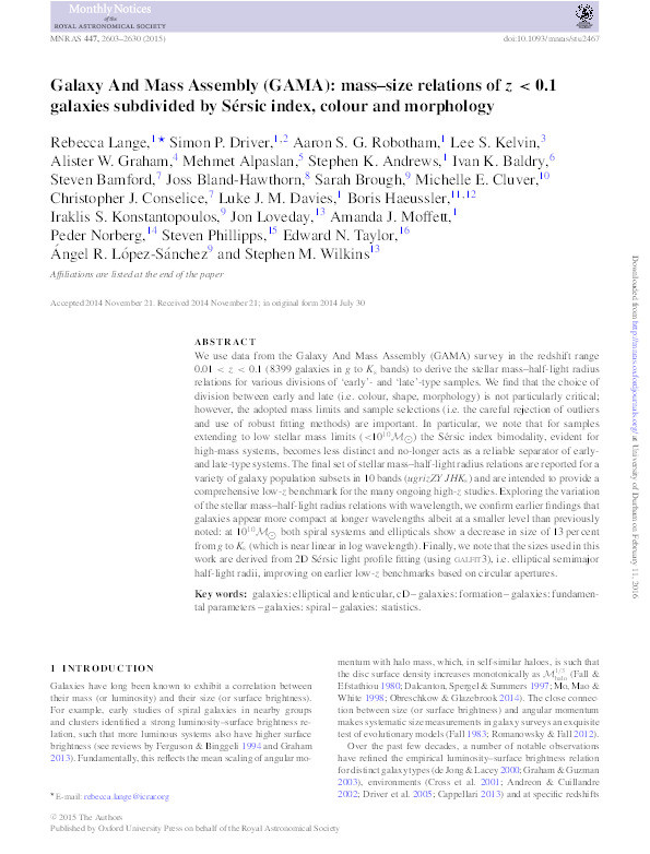 Galaxy And Mass Assembly (GAMA): mass-size relations of z < 0.1 galaxies subdivided by Sérsic index, colour and morphology Thumbnail