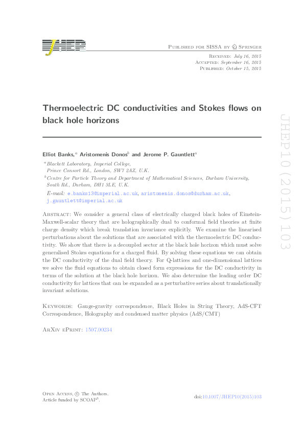 Thermoelectric DC conductivities and Stokes flows on black hole horizons Thumbnail