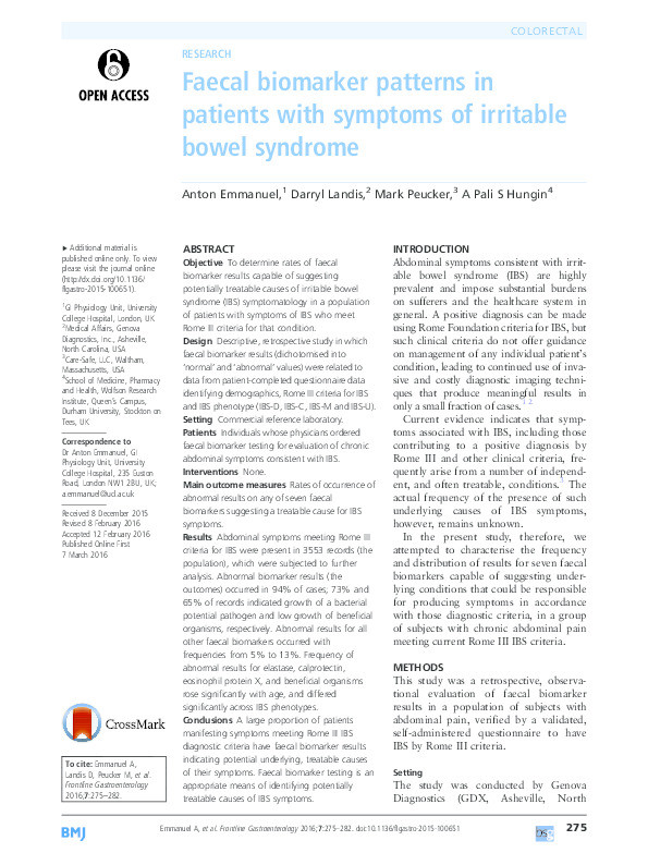 Faecal biomarker patterns in patients with symptoms of irritable bowel syndrome Thumbnail