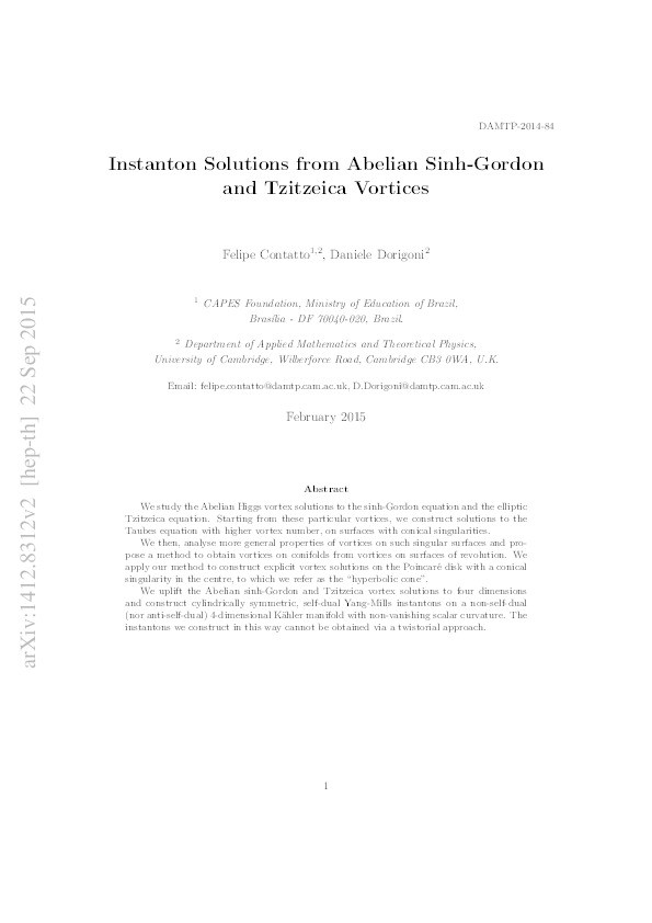 Instanton Solutions from Abelian Sinh-Gordon and Tzitzeica Vortices Thumbnail