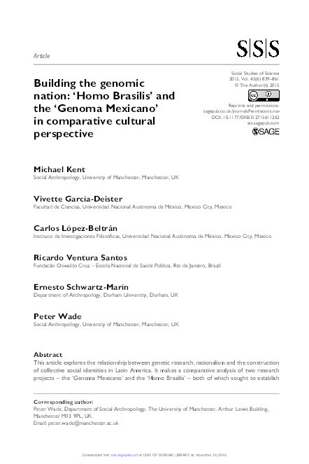Building the genomic nation: ‘Homo Brasilis’ and the ‘Genoma Mexicano’ in comparative cultural perspective Thumbnail