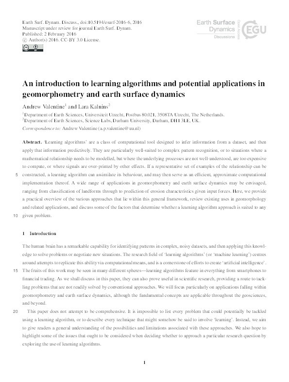 An introduction to learning algorithms and potential applications in geomorphometry and earth surface dynamics Thumbnail