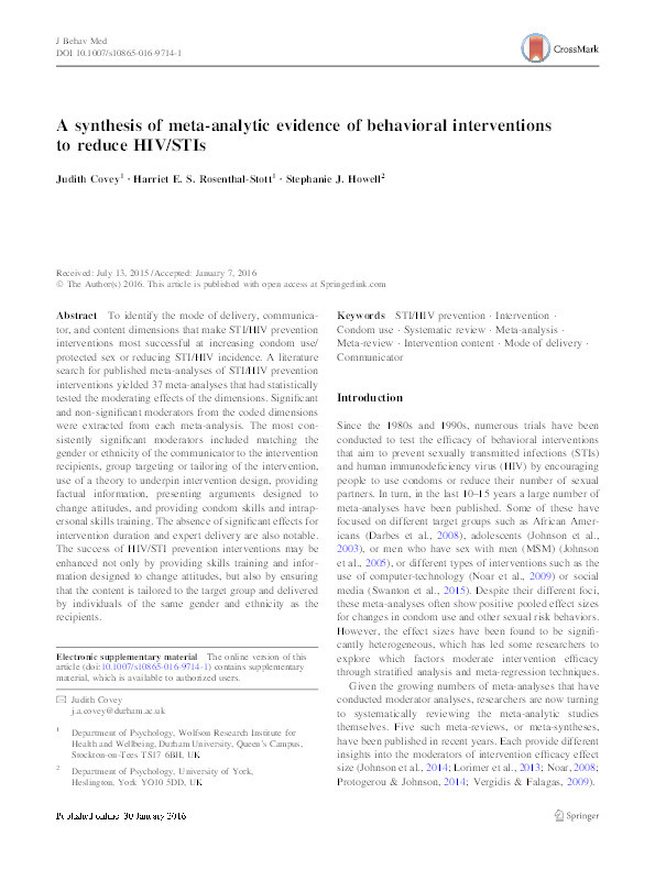 A synthesis of meta-analytic evidence of behavioral interventions to reduce HIV/STIs Thumbnail