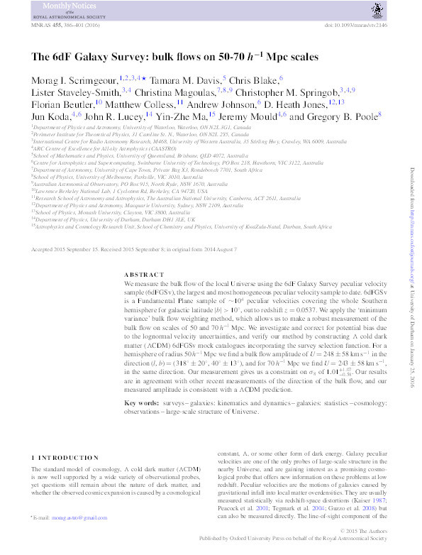 The 6dF Galaxy Survey: Bulk Flows on 50−70h−1 Mpc scales Thumbnail