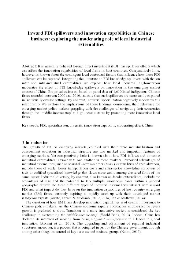 Inward FDI spillovers and innovation capabilities in Chinese business: exploring the moderating role of local industrial externalities Thumbnail