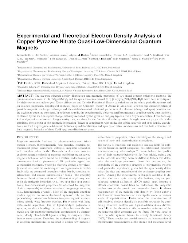 Experimental and Theoretical Electron Density Analysis of Copper Pyrazine Nitrate Quasi-Low-Dimensional Quantum Magnets Thumbnail
