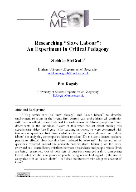 Researching “Slave Labour”: an experiment in critical pedagogy Thumbnail