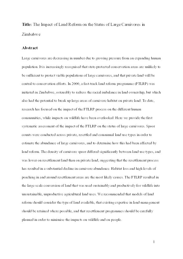 The impact of land reform on the status of large carnivores in Zimbabwe Thumbnail