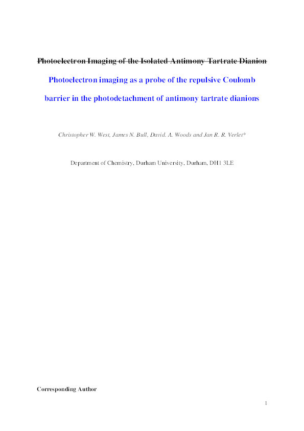 Photoelectron imaging as a probe of the repulsive Coulomb barrier in the photodetachment of antimony tartrate dianions Thumbnail