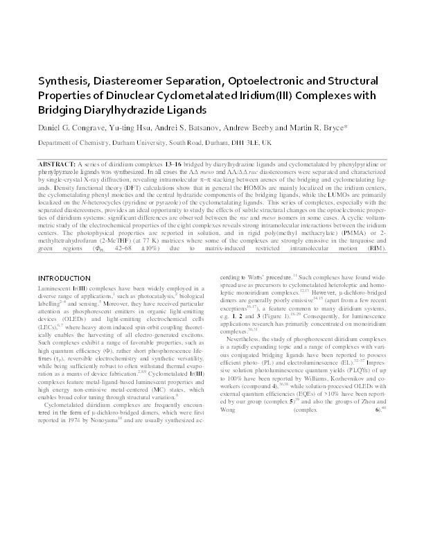 Synthesis, Diastereomer Separation, and Optoelectronic and Structural Properties of Dinuclear Cyclometalated Iridium(III) Complexes with Bridging Diarylhydrazide Ligands Thumbnail