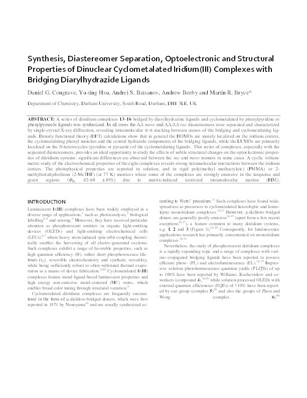 Synthesis, Diastereomer Separation, and Optoelectronic and Structural Properties of Dinuclear Cyclometalated Iridium(III) Complexes with Bridging Diarylhydrazide Ligands Thumbnail