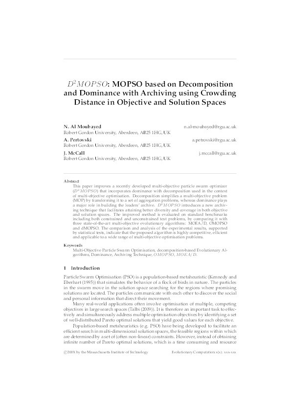 D2MOPSO: MOPSO Based on Decomposition and Dominance with Archiving Using Crowding Distance in Objective and Solution Spaces Thumbnail