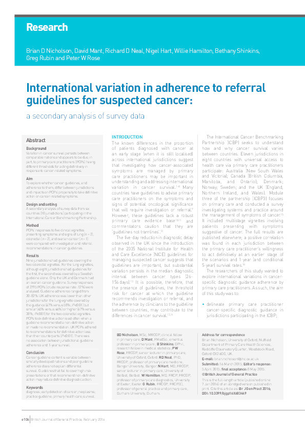 International variation in adherence to referral guidelines for suspected cancer: a secondary analysis of survey data Thumbnail