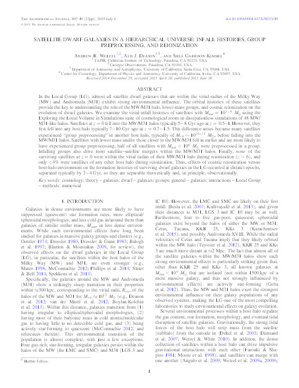 Satellite Dwarf Galaxies in a Hierarchical Universe: Infall Histories, Group Preprocessing, and Reionization Thumbnail
