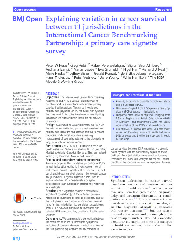 Explaining variation in cancer survival between 11 jurisdictions in the International Cancer Benchmarking Partnership: a primary care vignette survey Thumbnail