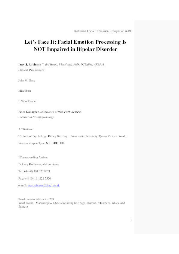 Processing of Facial Emotion in Bipolar Depression and Euthymia Thumbnail