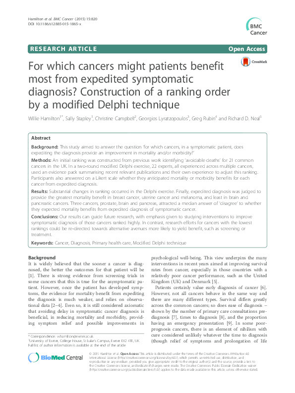 For which cancers might patients benefit most from expedited symptomatic diagnosis? Construction of a ranking order by a modified Delphi technique Thumbnail