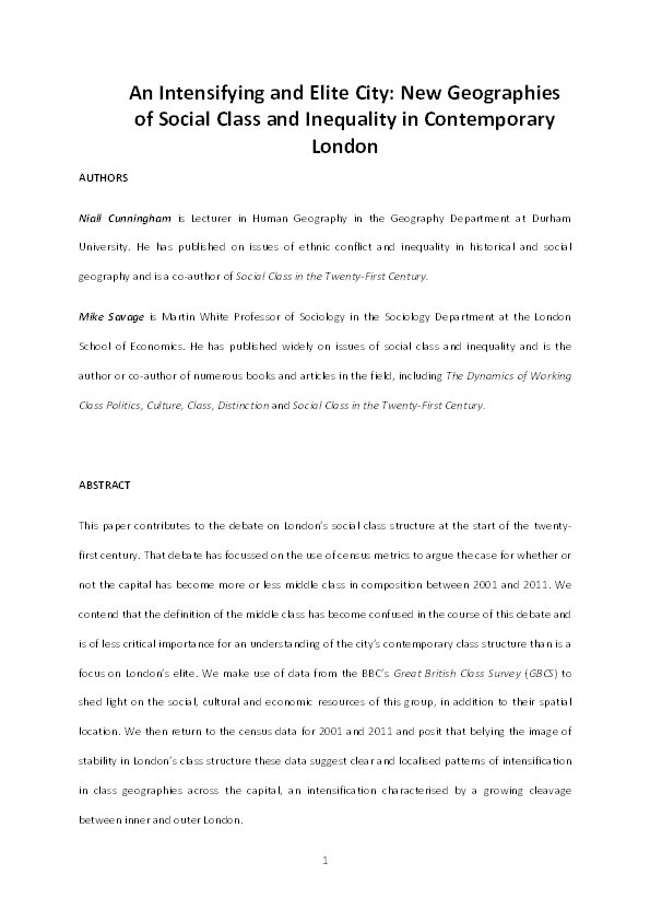An Intensifying and Elite City: New Geographies of Social Class and Inequality in Contemporary London Thumbnail