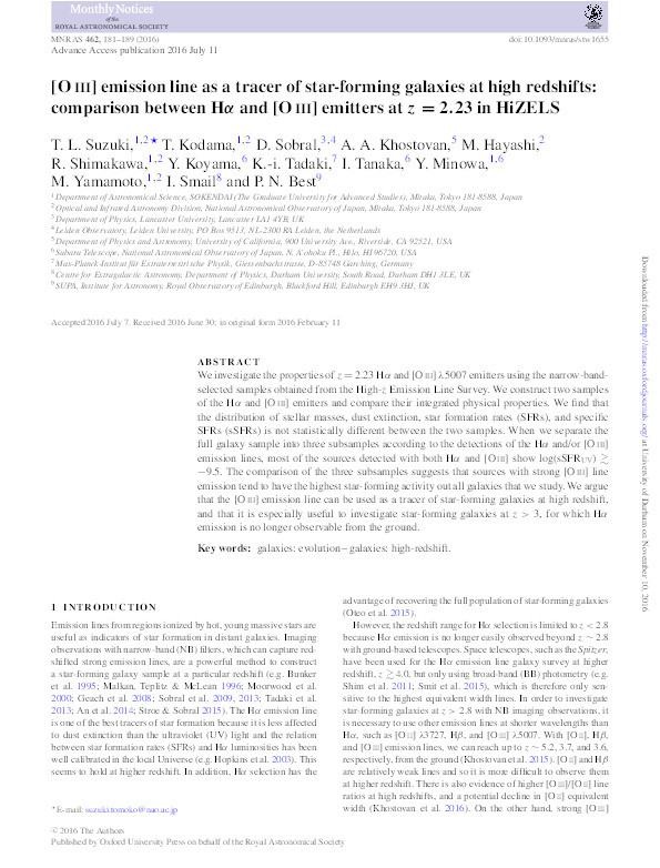 [O III] emission line as a tracer of star-forming galaxies at high redshifts: comparison between Hα and [O III] emitters at z=2.23 in HiZELS Thumbnail