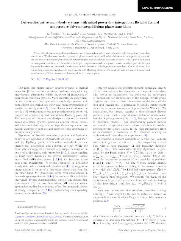 Driven-dissipative many-body systems with mixed power-law interactions: Bistabilities and temperature-driven nonequilibrium phase transitions Thumbnail