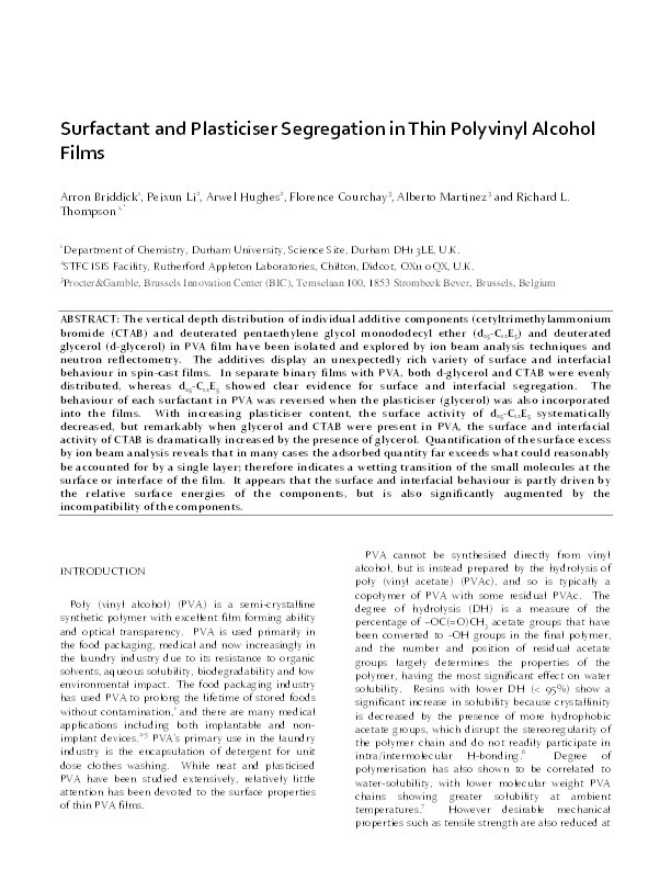 Surfactant and Plasticizer Segregation in Thin Poly(vinyl alcohol) Films Thumbnail
