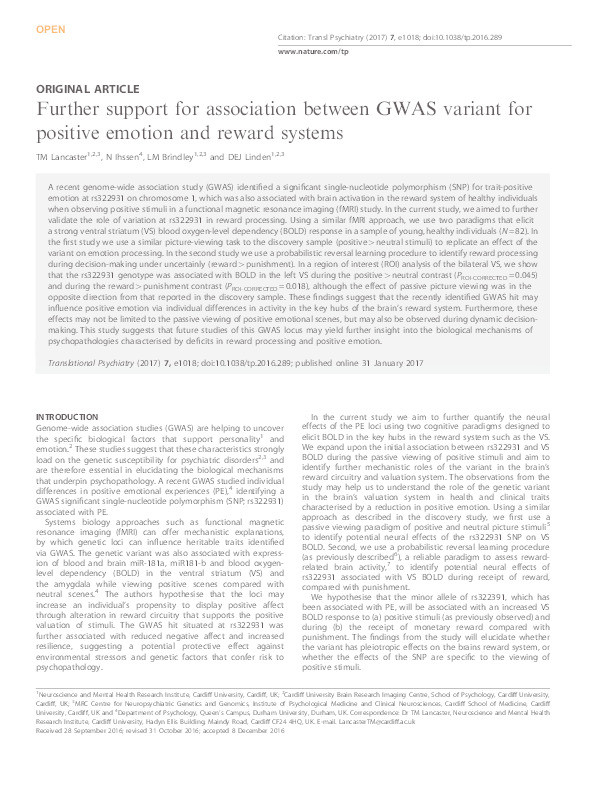 Further support for association between GWAS variant for positive emotion and reward systems Thumbnail