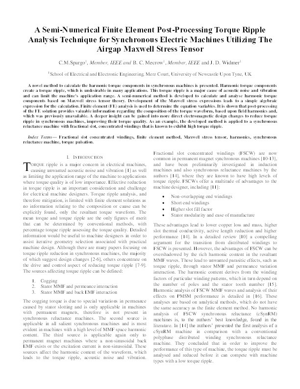 A Seminumerical Finite-Element Postprocessing Torque Ripple Analysis Technique for Synchronous Electric Machines Utilizing the Air-Gap Maxwell Stress Tensor Thumbnail