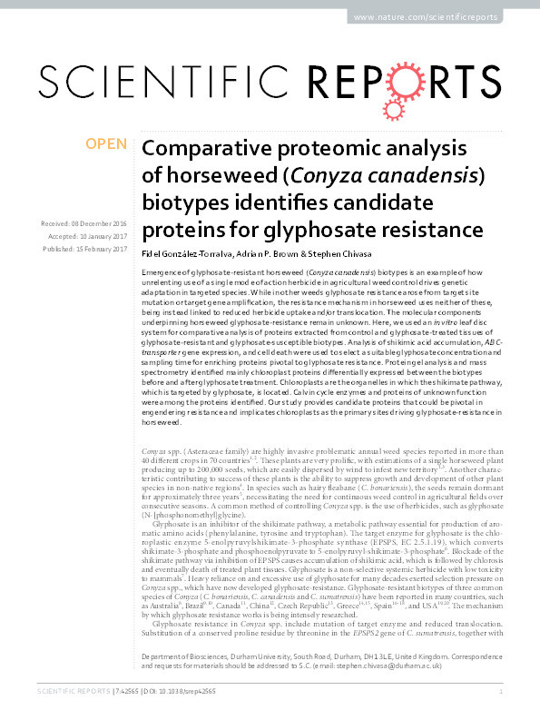 Comparative proteomic analysis of horseweed (Conyza canadensis) biotypes identifies candidate proteins for glyphosate resistance Thumbnail
