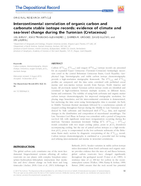 Intercontinental correlation of organic carbon and carbonate stable-isotope records: evidence of climate and sea-level change during the Turonian (Cretaceous) Thumbnail