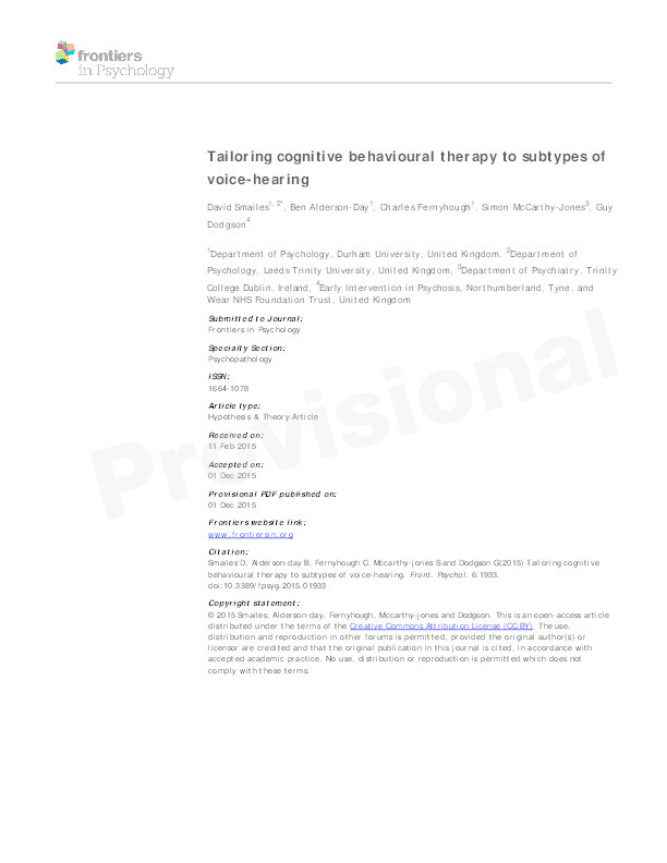 Tailoring cognitive behavioural therapy to subtypes of voice-hearing Thumbnail