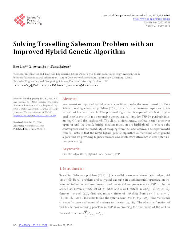 Solving Travelling Salesman Problem with an Improved Hybrid Genetic Algorithm Thumbnail