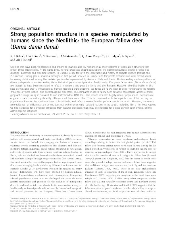 Strong population structure in a species manipulated by humans since the Neolithic: The European fallow deer (Dama dama dama) Thumbnail